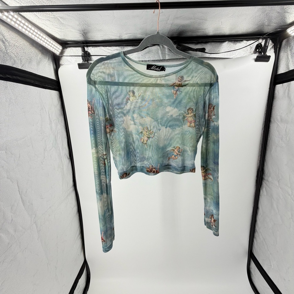 Y2K Motel Rocks Blue Mesh Cherub Print Long Sleeve Crop Top Sheer Angel Medium